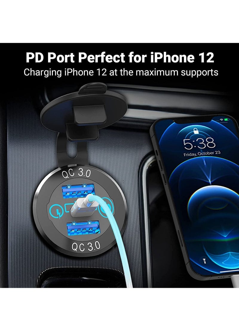 Y&D Car Charger Socket, 12V/24V Triple USB Outlet 20W PD & 18W QC3.0 Aluminum Metal with Touch Power Switch, Fast Charge Adapter for Boat Marine RV Golf Cart Motorcycle  - Image 4