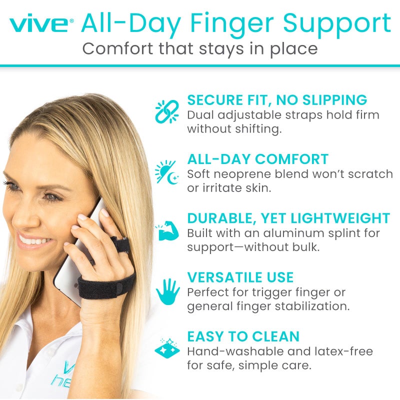 Vive Trigger Finger Splint Brace - Middle, Pinky, Pointer, Ring and Thumb Support - Palm Strap Included - Straighten Curved or Broken Fingers - Adjustable, Breathable Fit - Aluminum Pain Relief Guard - Image 2