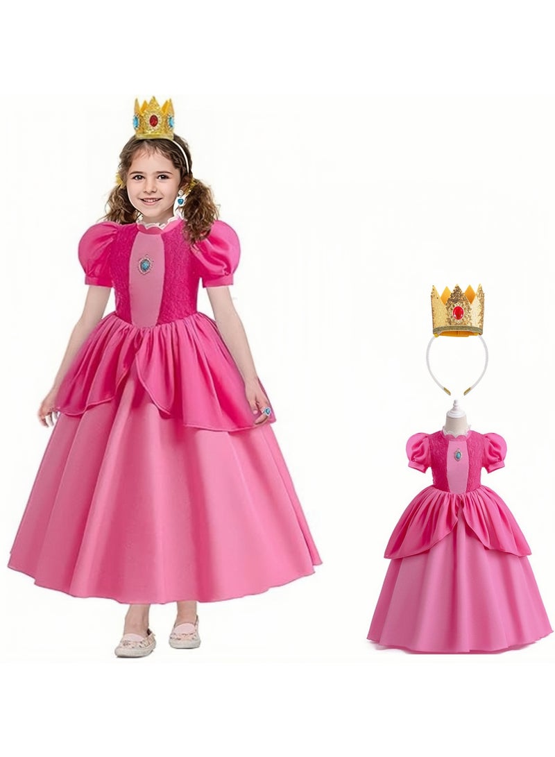 AUTOYSUR Girls Princess Dress Costume for Princess Peach Cosplay Costumes,Brigitte Princess Dress Lace Patchwork Puffy Skirt,Kids Outfits with Crown for Kids School Birthday Party - Image 1
