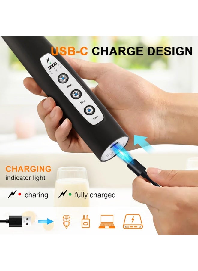 MUNTAQI Rechargeable Black Handheld Milk Frother Wand – Electric 3-Speed Coffee Mixer with 3 Stainless Steel Whisk Heads – Latte, Cappuccino & Drink Frothing Tool - Image 5