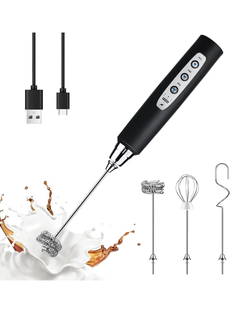 MUNTAQI Rechargeable Black Handheld Milk Frother Wand – Electric 3-Speed Coffee Mixer with 3 Stainless Steel Whisk Heads – Latte, Cappuccino & Drink Frothing Tool - Image 1