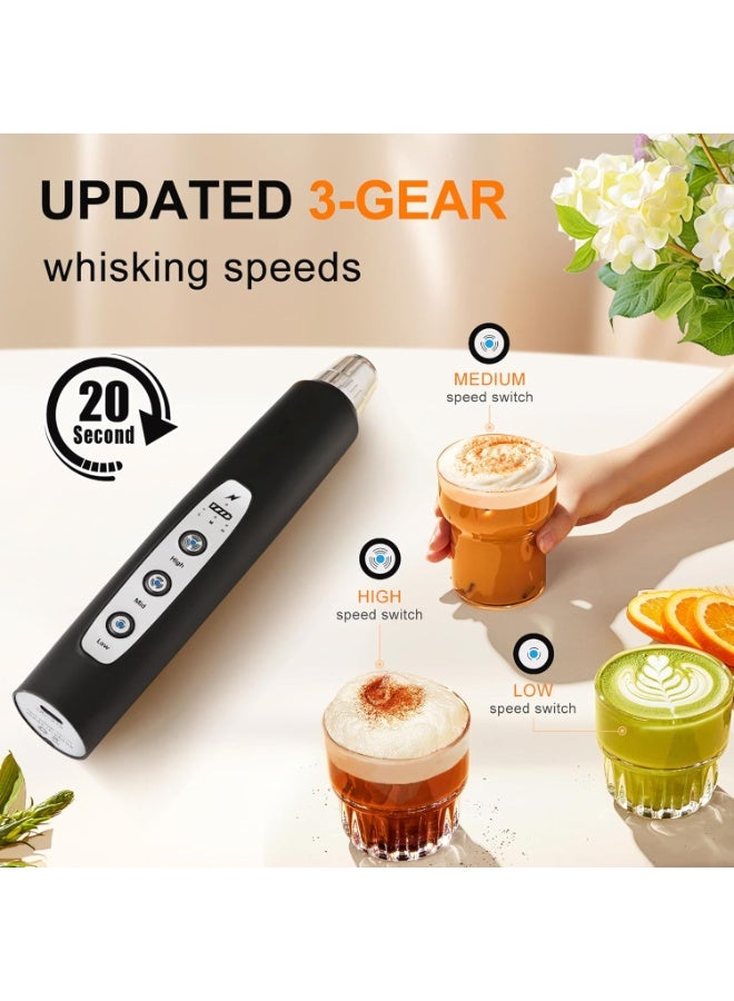 MUNTAQI Rechargeable Black Handheld Milk Frother Wand – Electric 3-Speed Coffee Mixer with 3 Stainless Steel Whisk Heads – Latte, Cappuccino & Drink Frothing Tool - Image 4