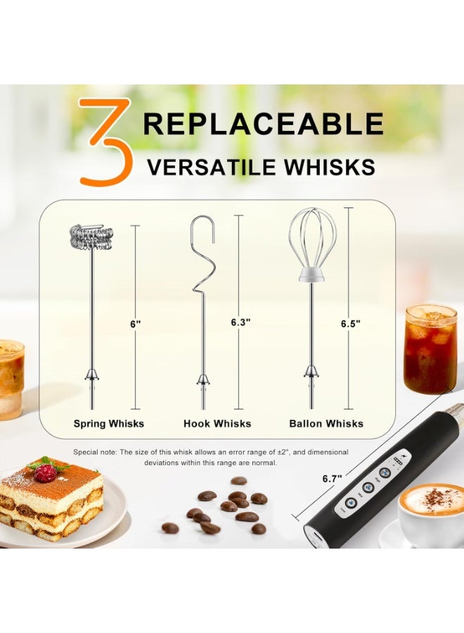 MUNTAQI Rechargeable Black Handheld Milk Frother Wand – Electric 3-Speed Coffee Mixer with 3 Stainless Steel Whisk Heads – Latte, Cappuccino & Drink Frothing Tool - Image 2