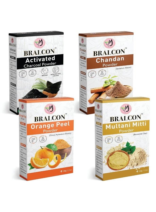 BRALCON Activated Charcoal, Chandan, Orange, Multani Mitti Powder Combo-400g(100g x 4 Pack) for all Skin Types for Face & hairs in seperate Packaging - Image 1