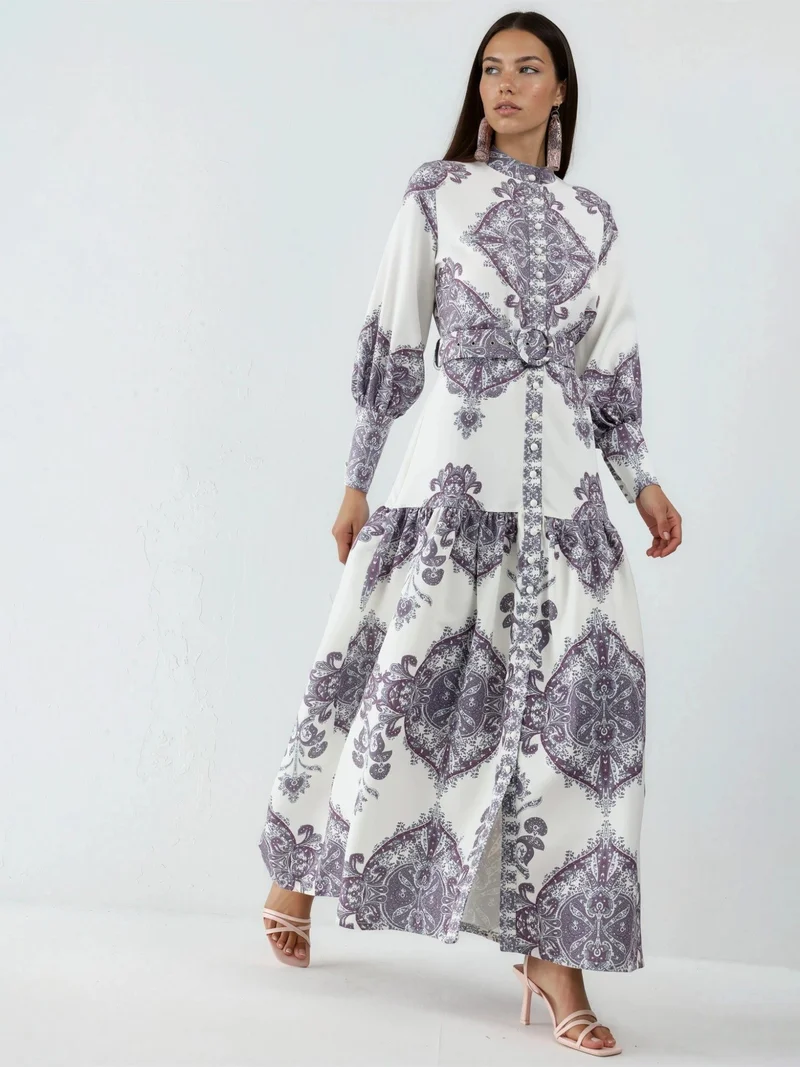 Jennyfer Paisley Print Belted Maxi Dress with Shirt Collar