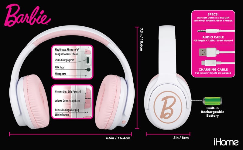 eKids Barbie Wireless Headphones with Microphone, Bluetooth Headphones Include Aux Cord, Earphones for School, Home, or Travel - Image 4