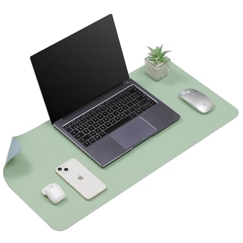 AROPANA Vegan Leather Desk Mat | Large Reversible Mouse Pad & Computer Table Protector | Dual-Side Waterproof Extended Laptop Pad with Edge-Stitched Design (70x35CM, Light Green and Blue) - Image 1