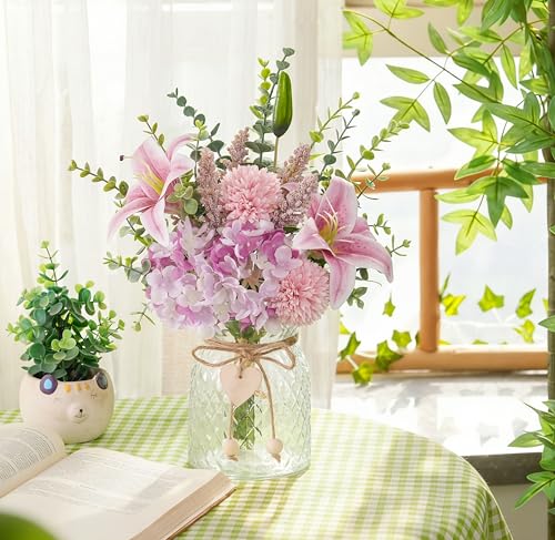 LUEUR Faux Flowers with Vase, Artificial Silk Flowers in Vase for Mom Gifts, Fake Pink Lily, Hydrangea and Dandelion, Arrangement for Home Spring & Summer Decor Dining Coffee Table Centerpiece Decorations - Image 4