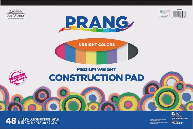 Creativity Inspired Prang (Formerly SunWorks) Medium Weight Construction Paper Pad, 8 Assorted Colors, 18" x 12", 48 Sheets - Image 1