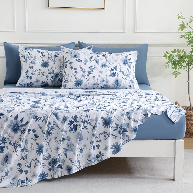 Swiftify Botanical 6-Piece Queen Bed Sheets Set, Boho Floral Print Brushed Microfiber Sheets, Cooling Bed Sheet Set, Ultra Soft & Breathable, 16' Deep Pocket Fitted Sheet & Pillowcase Set, Grey Blue Floral - Image 1