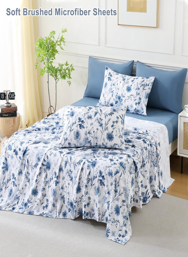 Swiftify Botanical 6-Piece Queen Bed Sheets Set, Boho Floral Print Brushed Microfiber Sheets, Cooling Bed Sheet Set, Ultra Soft & Breathable, 16' Deep Pocket Fitted Sheet & Pillowcase Set, Grey Blue Floral - Image 5