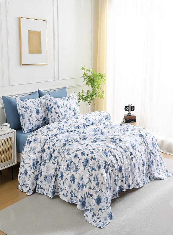 Swiftify Botanical 6-Piece Queen Bed Sheets Set, Boho Floral Print Brushed Microfiber Sheets, Cooling Bed Sheet Set, Ultra Soft & Breathable, 16' Deep Pocket Fitted Sheet & Pillowcase Set, Grey Blue Floral - Image 2