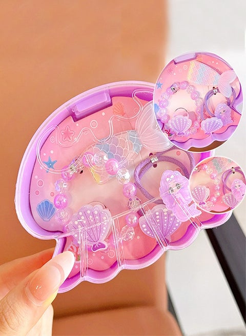 إكسسوارات شعر للأطفال مجموعة إكسسوارات شعر بنات بتصميم حورية البحر، تشمل علبة، خواتم كارتونية، سوار لؤلؤ، وإكسسوارات شعر كارتونية. هدايا رمضان للأطفال مثالية للفتيات الصغيرات.