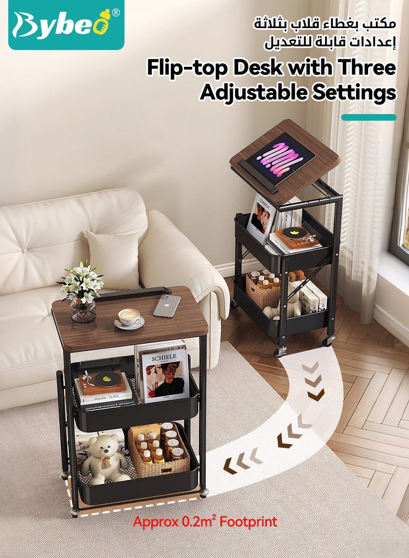 Bybeo 2-in-1 Side Table＆Storage Trolley, 3-Tier Utility Rolling Cart with Height Adjustable Wooden Tabletop, Foldable Metal Rolling Trolley Cart, Multifunctional End Table Organizer for Living Room, Bedroom, Kitchen, Bathroom, Office - Image 2