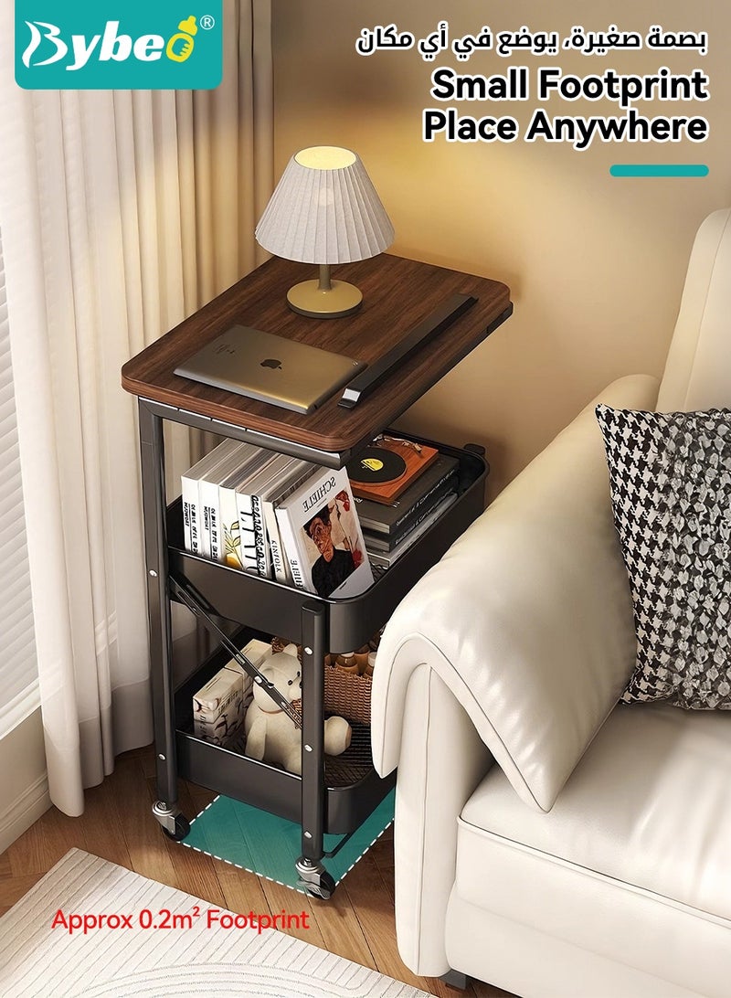 Bybeo 2-in-1 Side Table＆Storage Trolley, 3-Tier Utility Rolling Cart with Height Adjustable Wooden Tabletop, Foldable Metal Rolling Trolley Cart, Multifunctional End Table Organizer for Living Room, Bedroom, Kitchen, Bathroom, Office - Image 5