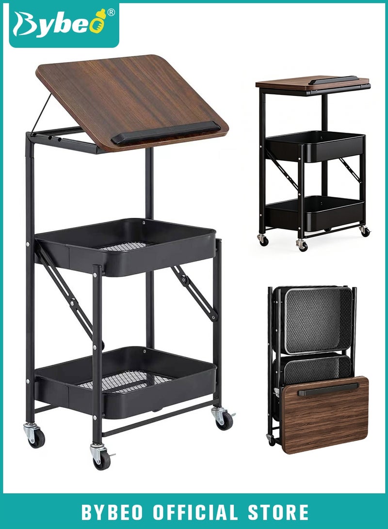 Bybeo 2-in-1 Side Table＆Storage Trolley, 3-Tier Utility Rolling Cart with Height Adjustable Wooden Tabletop, Foldable Metal Rolling Trolley Cart, Multifunctional End Table Organizer for Living Room, Bedroom, Kitchen, Bathroom, Office - Image 1