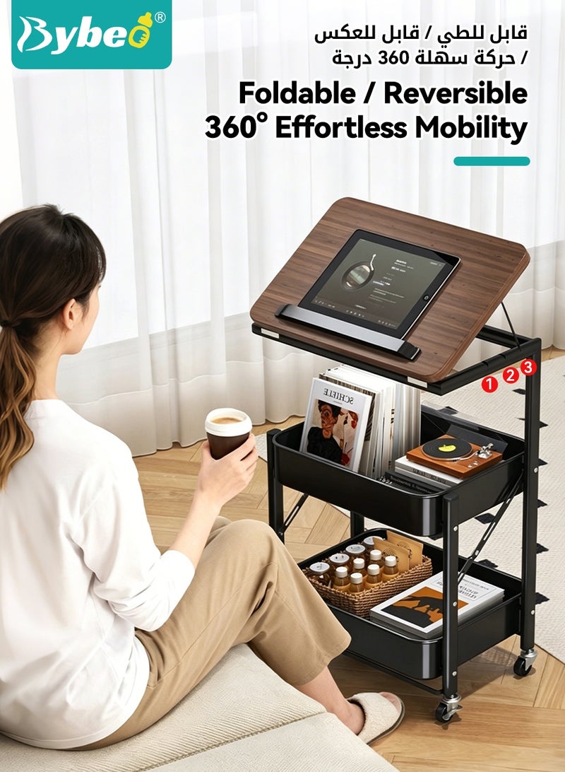 Bybeo 2-in-1 Side Table＆Storage Trolley, 3-Tier Utility Rolling Cart with Height Adjustable Wooden Tabletop, Foldable Metal Rolling Trolley Cart, Multifunctional End Table Organizer for Living Room, Bedroom, Kitchen, Bathroom, Office - Image 4