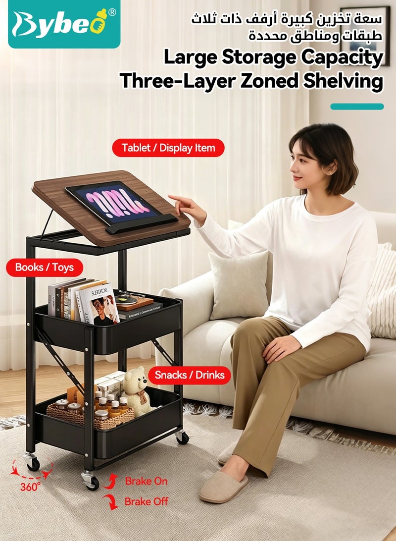 Bybeo 2-in-1 Side Table＆Storage Trolley, 3-Tier Utility Rolling Cart with Height Adjustable Wooden Tabletop, Foldable Metal Rolling Trolley Cart, Multifunctional End Table Organizer for Living Room, Bedroom, Kitchen, Bathroom, Office - Image 3
