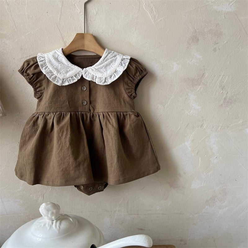 ins Childrens Summer New Dress Baby Girl Korean Style Cute Sweet Color Collar Puff Sleeve Pant Skirt Brown.