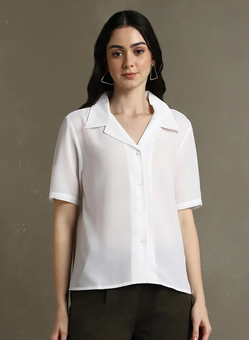 Dennis Lingo Women's White 100% Polyester Solid Button Down Regular Fit Shirt