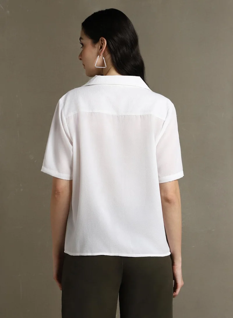 Dennis Lingo Women's White 100% Polyester Solid Button Down Regular Fit Shirt