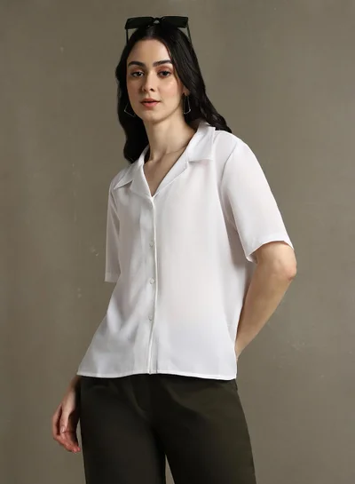 Dennis Lingo Women's White 100% Polyester Solid Button Down Regular Fit Shirt