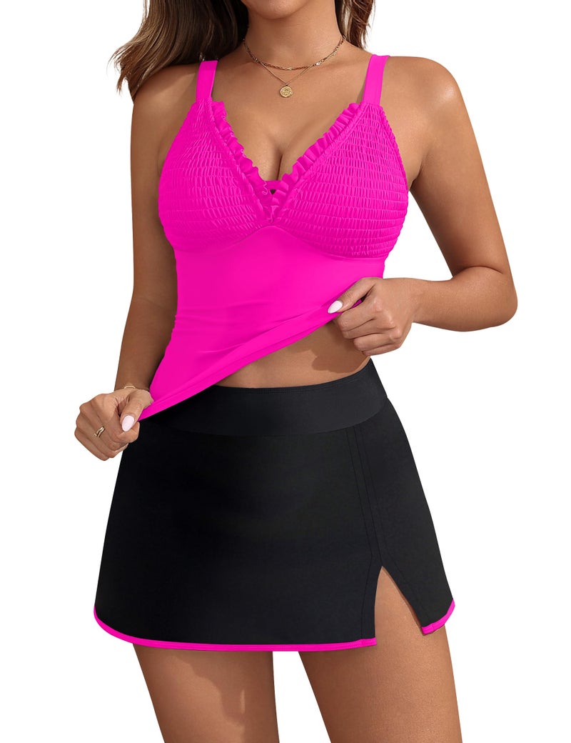 BMJL Womens Tankini Bathing Suits Two Piece Tummy Control High Waisted Swimsuits Swim Dress Skirt Vintage Swimwear(XXL,Hot Pink) - Image 1