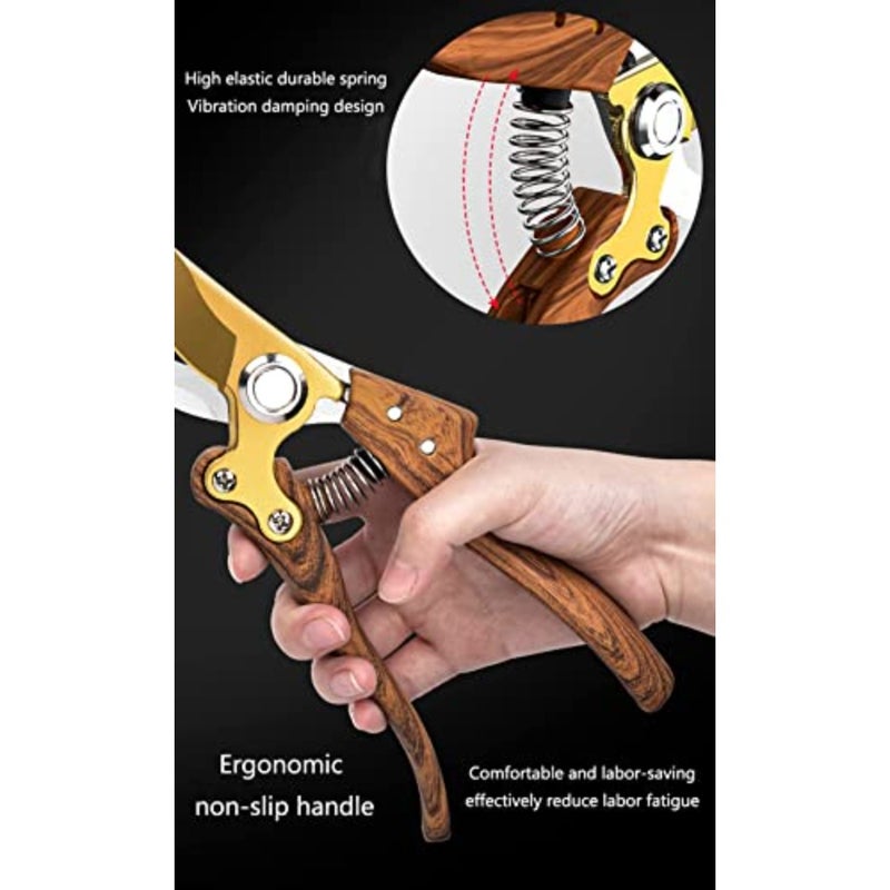 Heavy Duty Garden Shears, Pruning Scissors for Plant, Pruning Shears with Steel Blades, Bypass Pruner Hedge Clippers with Wooden Handle, Tree trimmer, Gardening Tools - Image 2