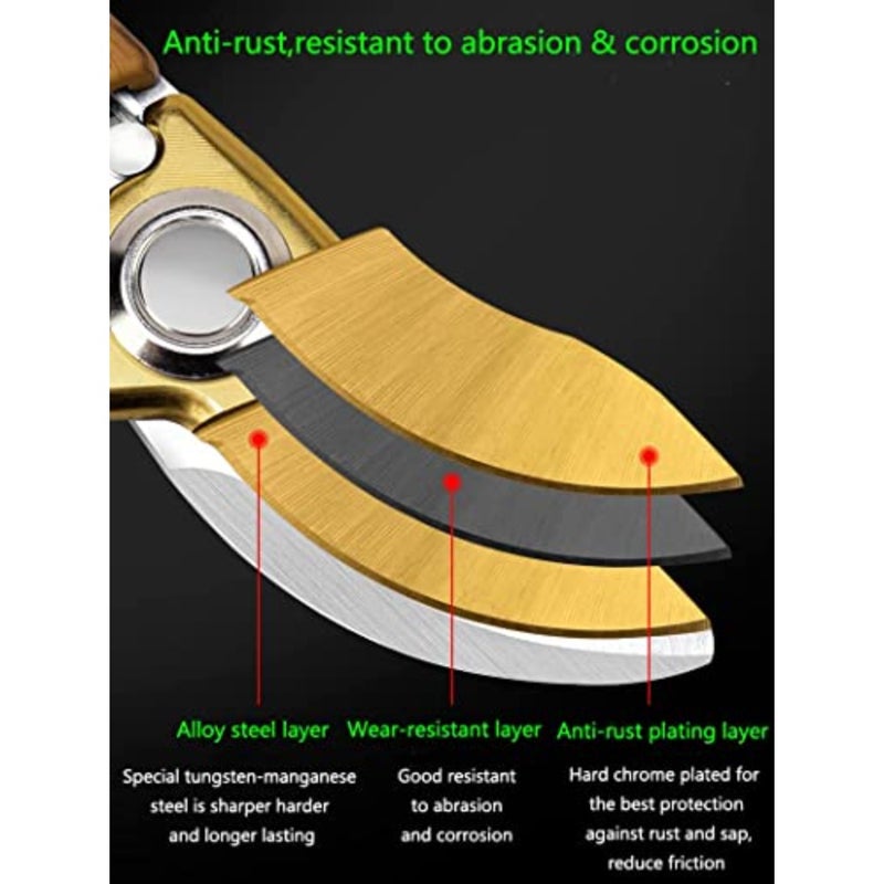 Heavy Duty Garden Shears, Pruning Scissors for Plant, Pruning Shears with Steel Blades, Bypass Pruner Hedge Clippers with Wooden Handle, Tree trimmer, Gardening Tools - Image 5