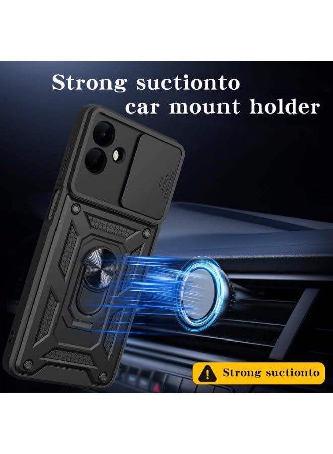 SanHu for Samsung Galaxy A07 Case Cover, Slide Camera Lens Cover, Magnetic Ring Holder Kickstand Protective Phone Case for Samsung Galaxy A07, Black - Image 3
