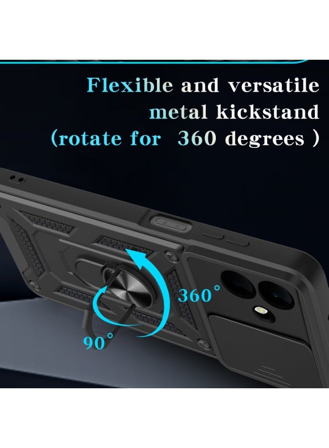 SanHu for Samsung Galaxy A07 Case Cover, Slide Camera Lens Cover, Magnetic Ring Holder Kickstand Protective Phone Case for Samsung Galaxy A07, Black - Image 2