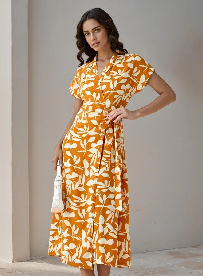 Splash FAV Leaf Print Wrap Style Women Dress with Tie-Up Detail