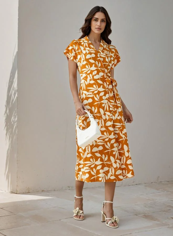 Splash FAV Leaf Print Wrap Style Women Dress with Tie-Up Detail