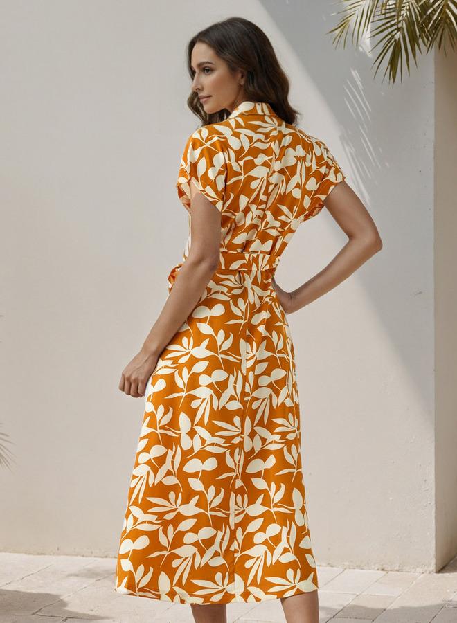 Splash FAV Leaf Print Wrap Style Women Dress with Tie-Up Detail - Image 3