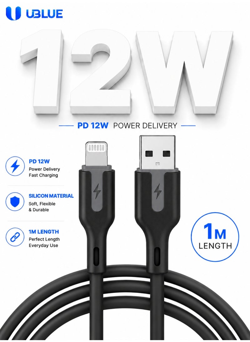 UBLUE iPhone Charger Cable, USB-A to Lightning, Silicone, 1m, Charging & Data Sync, Black for iPhone 12/13/14 Pro/Plus/Pro Max, 8-13 All Series, iPad - Image 1