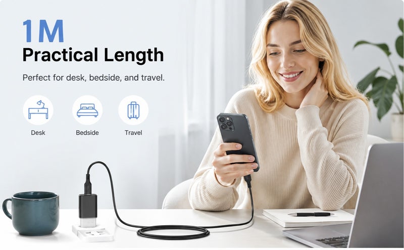 UBLUE iPhone Charger Cable, USB-A to Lightning, Silicone, 1m, Charging & Data Sync, Black for iPhone 12/13/14 Pro/Plus/Pro Max, 8-13 All Series, iPad - Image 2