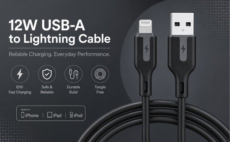 UBLUE iPhone Charger Cable, USB-A to Lightning, Silicone, 1m, Charging & Data Sync, Black for iPhone 12/13/14 Pro/Plus/Pro Max, 8-13 All Series, iPad - Image 3