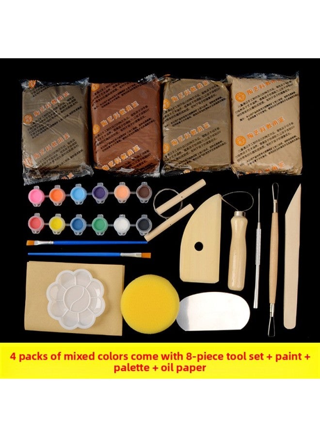 Clay Student Handmade Clay Soft Clay Clay Purple Clay Special Clay Sculpture Set Ceramic Clay Tool Clay-Color:Mixed Color Clay (4 Packs Of Oil Paper Included) + 8-piece Tool Set + Paint + Plate  - Image 1