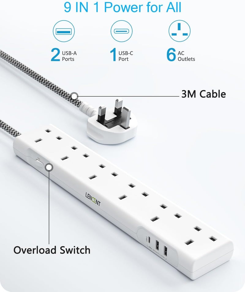 Lencent 3M Extension Lead with USB Slots, 6 Way Outlets Power Strip with 1 USB-C and 2 USB Slots,Multi Power Plug Extension with 3M Braided Extension Cord for Home Office, White - Image 2