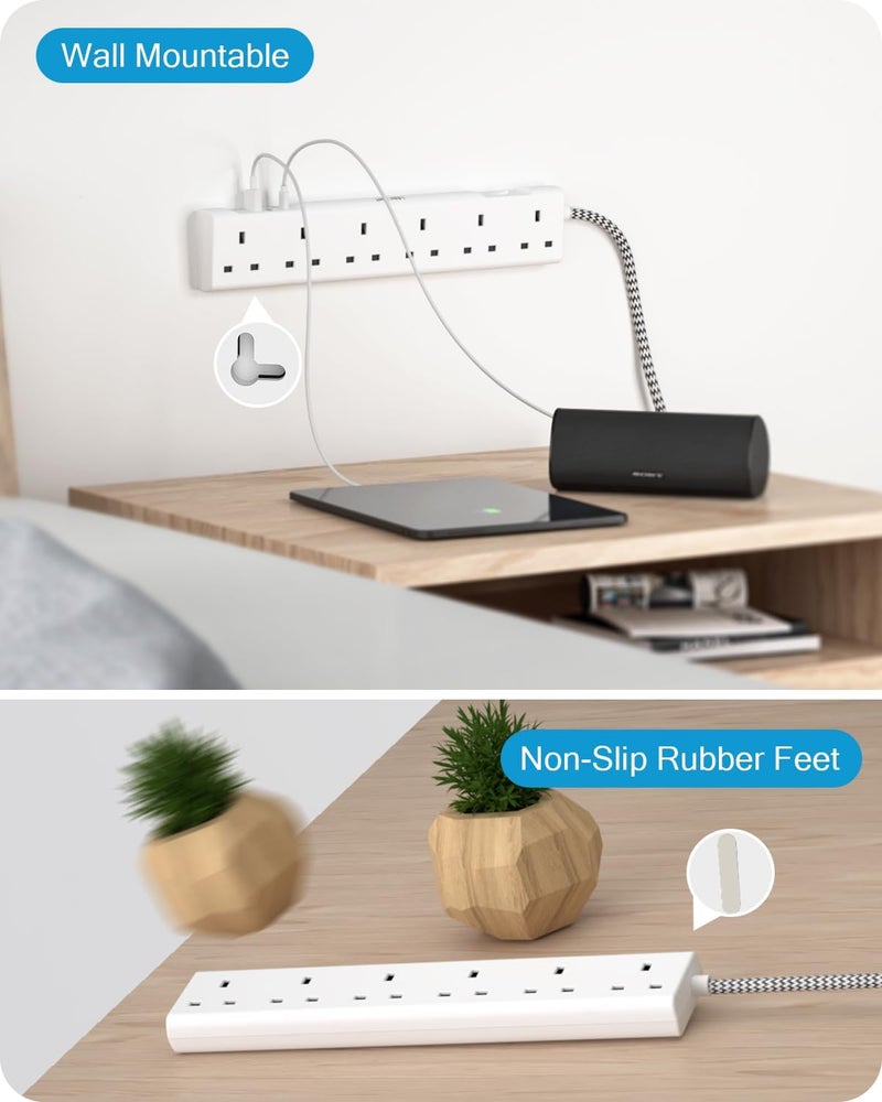 Lencent 3M Extension Lead with USB Slots, 6 Way Outlets Power Strip with 1 USB-C and 2 USB Slots,Multi Power Plug Extension with 3M Braided Extension Cord for Home Office, White - Image 5