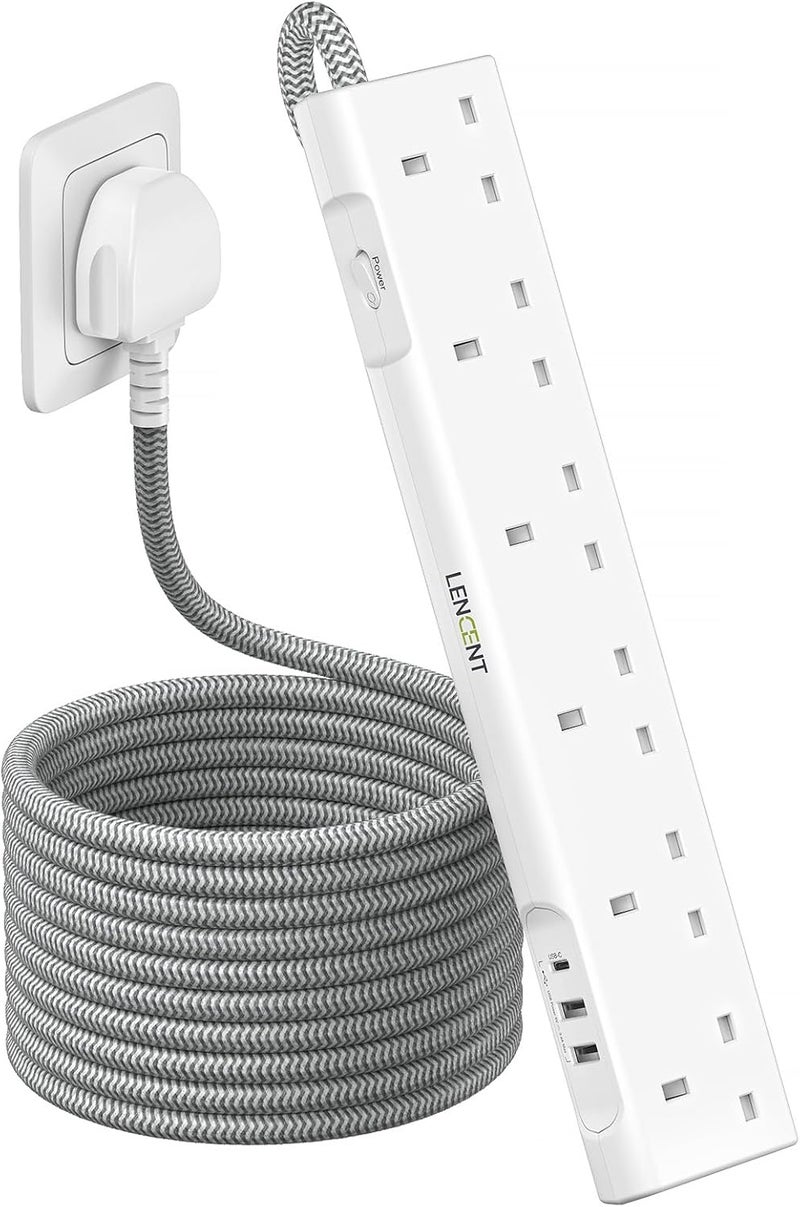 Lencent 3M Extension Lead with USB Slots, 6 Way Outlets Power Strip with 1 USB-C and 2 USB Slots,Multi Power Plug Extension with 3M Braided Extension Cord for Home Office, White - Image 1