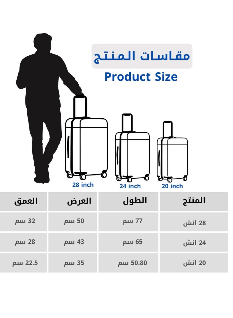 طقم شنط سفر 3 قطع مثالي للرحلات الدولية - أسود (20، 24، 28 بوصة)  - Image 2