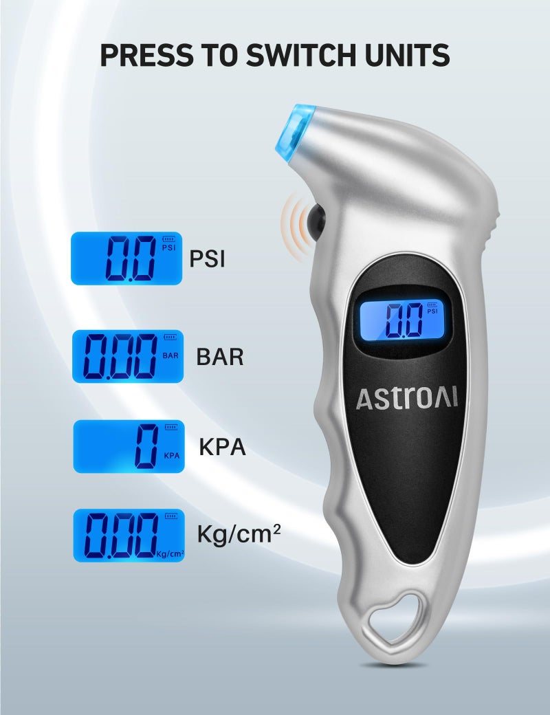 AstroAI AstroAI Digital Tire Pressure Gauge 150 PSI 4 Settings for Car Truck Bicycle with Backlight LCD and Non-Skid Grip Car Accessories, Silver (1 Pack)  - Image 5
