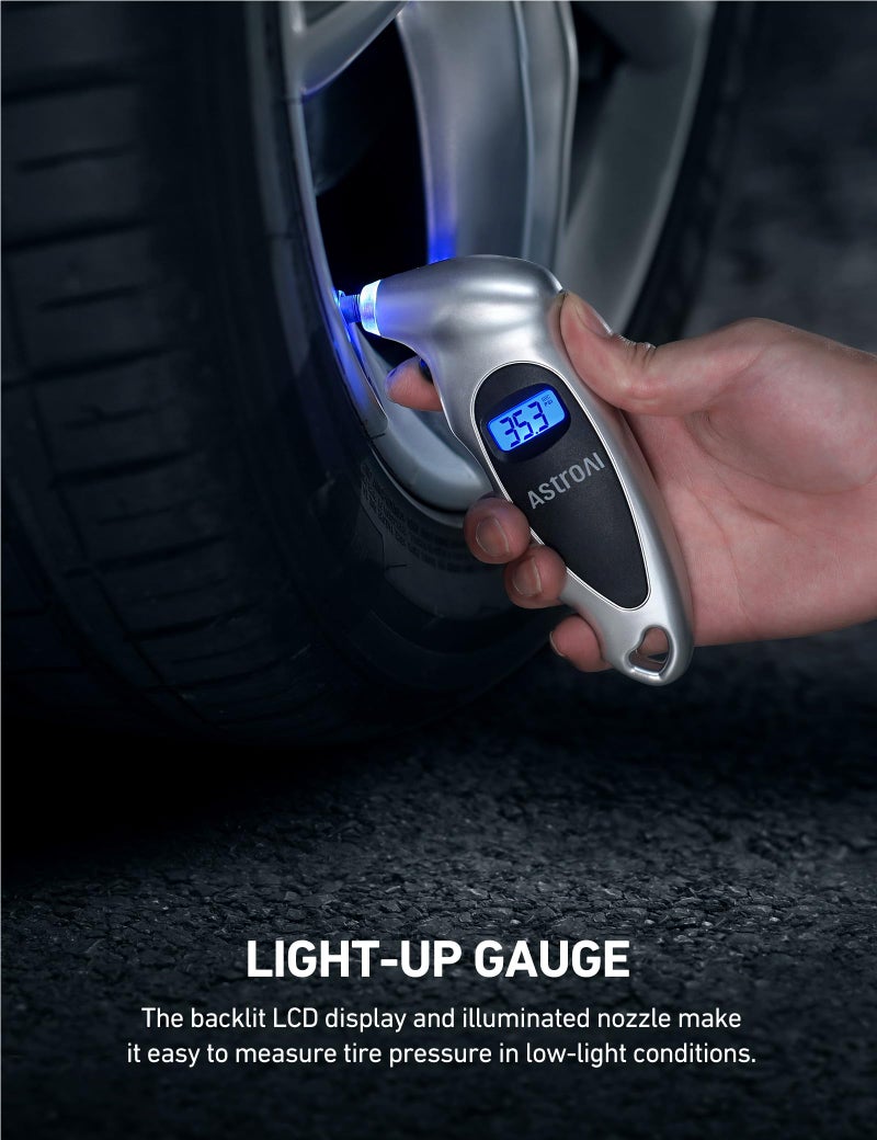 AstroAI AstroAI Digital Tire Pressure Gauge 150 PSI 4 Settings for Car Truck Bicycle with Backlight LCD and Non-Skid Grip Car Accessories, Silver (1 Pack)  - Image 3