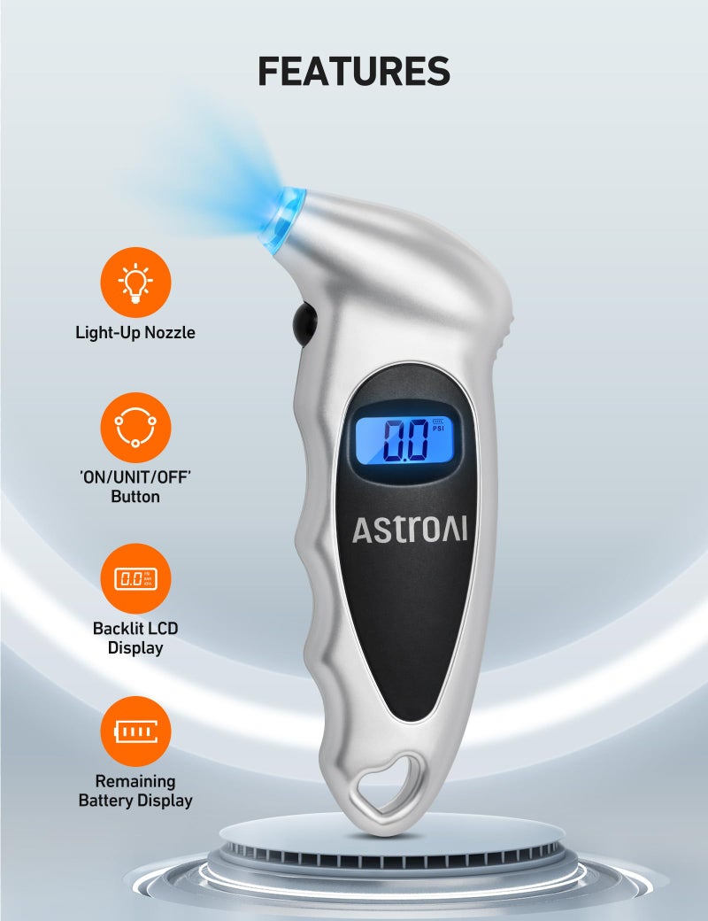 AstroAI AstroAI Digital Tire Pressure Gauge 150 PSI 4 Settings for Car Truck Bicycle with Backlight LCD and Non-Skid Grip Car Accessories, Silver (1 Pack)  - Image 4