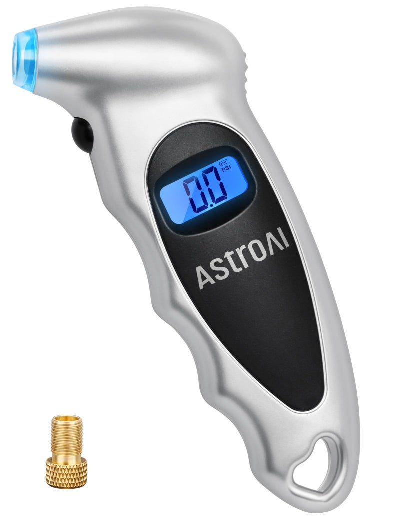 AstroAI Tire Pressure Gauge Digital 0-150PSI (Accurate in 0.1 Increments), 4 Settings Stocking Stuffers for Car Truck Bicycle with Backlight LCD and Presta Valve Adaptor, Sliver - Image 1