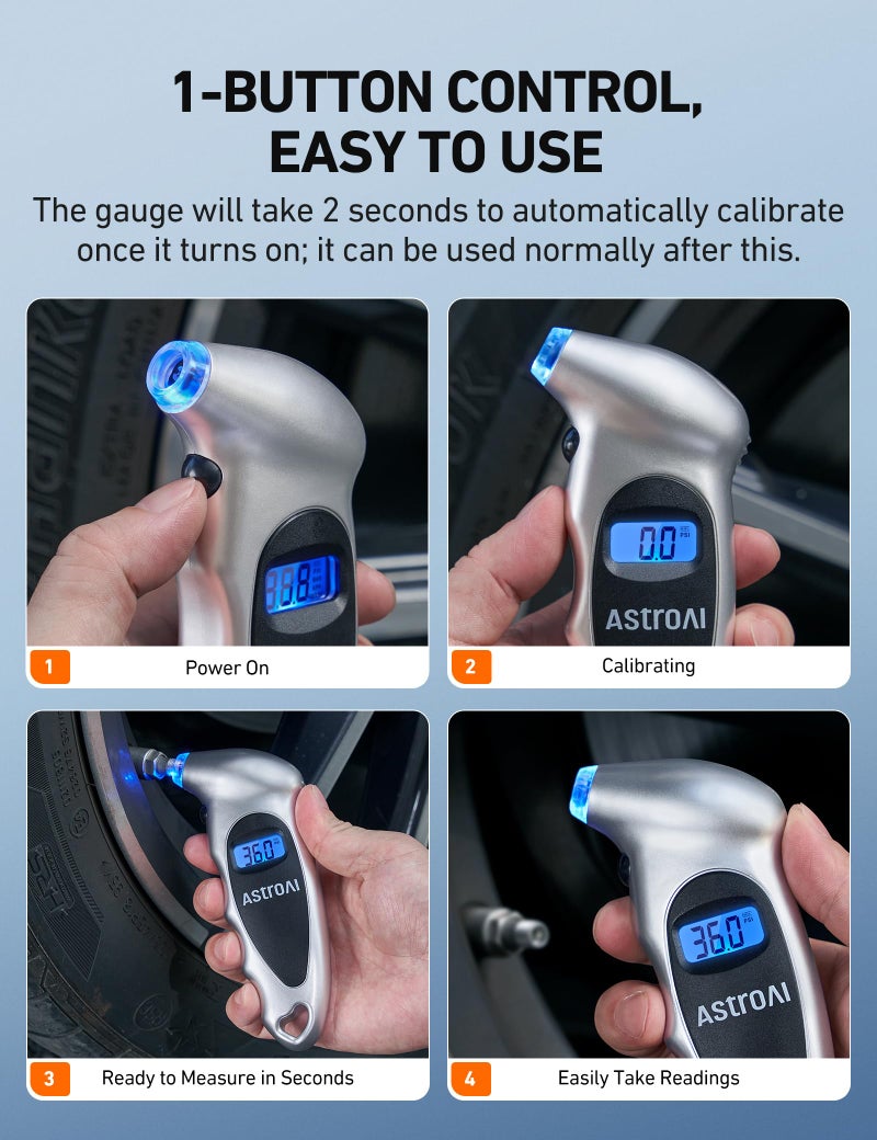 AstroAI Tire Pressure Gauge Digital 0-150PSI (Accurate in 0.1 Increments), 4 Settings Stocking Stuffers for Car Truck Bicycle with Backlight LCD and Presta Valve Adaptor, Sliver - Image 4