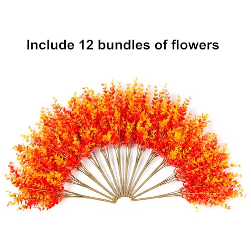 florisso Artificial Fake Fall Autumn Eucalyptus Plants Flowers for Outdoor Outside Decoration, Faux Silk Orange Boxwood Look Real UV Resistant for Home Porch Patio Planter Decor，12 Bundles - Image 4