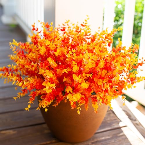 florisso Artificial Fake Fall Autumn Eucalyptus Plants Flowers for Outdoor Outside Decoration, Faux Silk Orange Boxwood Look Real UV Resistant for Home Porch Patio Planter Decor，12 Bundles - Image 1