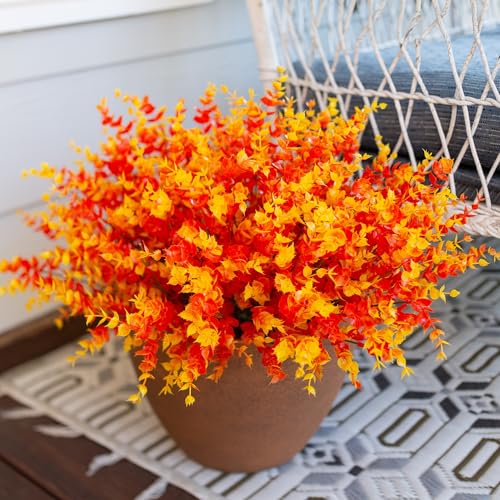 florisso Artificial Fake Fall Autumn Eucalyptus Plants Flowers for Outdoor Outside Decoration, Faux Silk Orange Boxwood Look Real UV Resistant for Home Porch Patio Planter Decor，12 Bundles - Image 3